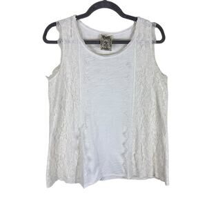 Vocal USA White 100% Cotton‎ Lace Embellishment Round Neck Tank Blouse Size M